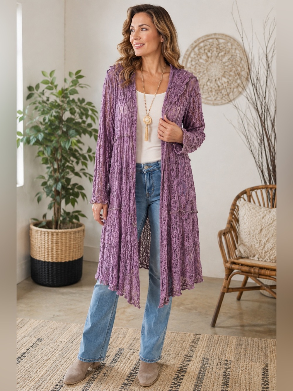 Women’s Open-Front Mauve/Lavender Pucker Lace Hooded Cardigan Boho Chic Longline